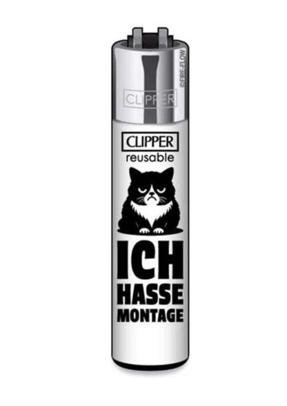 Silberner clipper leichter mit schwarzem wütendem katzenmotiv und ich hasse montage text für den alltag