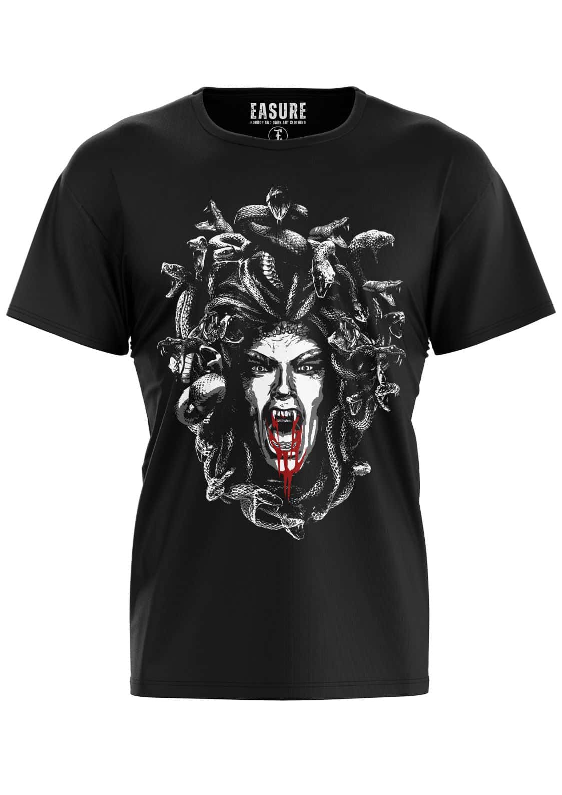 Schwarzes kurzarmshirt immortal medusa mit detaillierter schwarz-weiß medusa grafik und blutrote bitte horror elemente