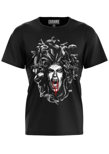 Schwarzes kurzarmshirt immortal medusa mit detaillierter schwarz-weiß medusa grafik und blutrote bitte horror elemente
