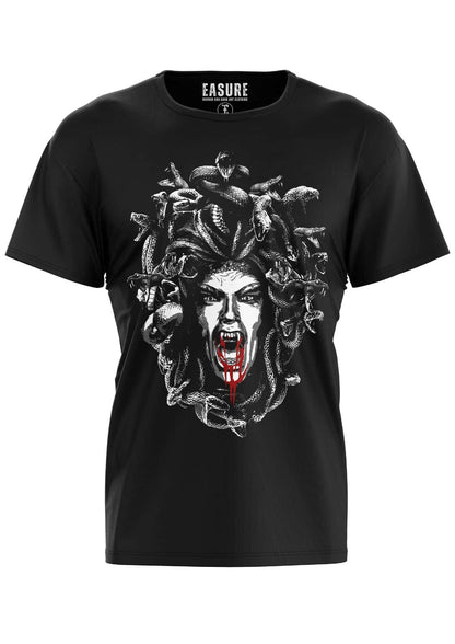 Schwarzes kurzarmshirt immortal medusa mit detaillierter schwarz-weiß medusa grafik und blutrote bitte horror elemente
