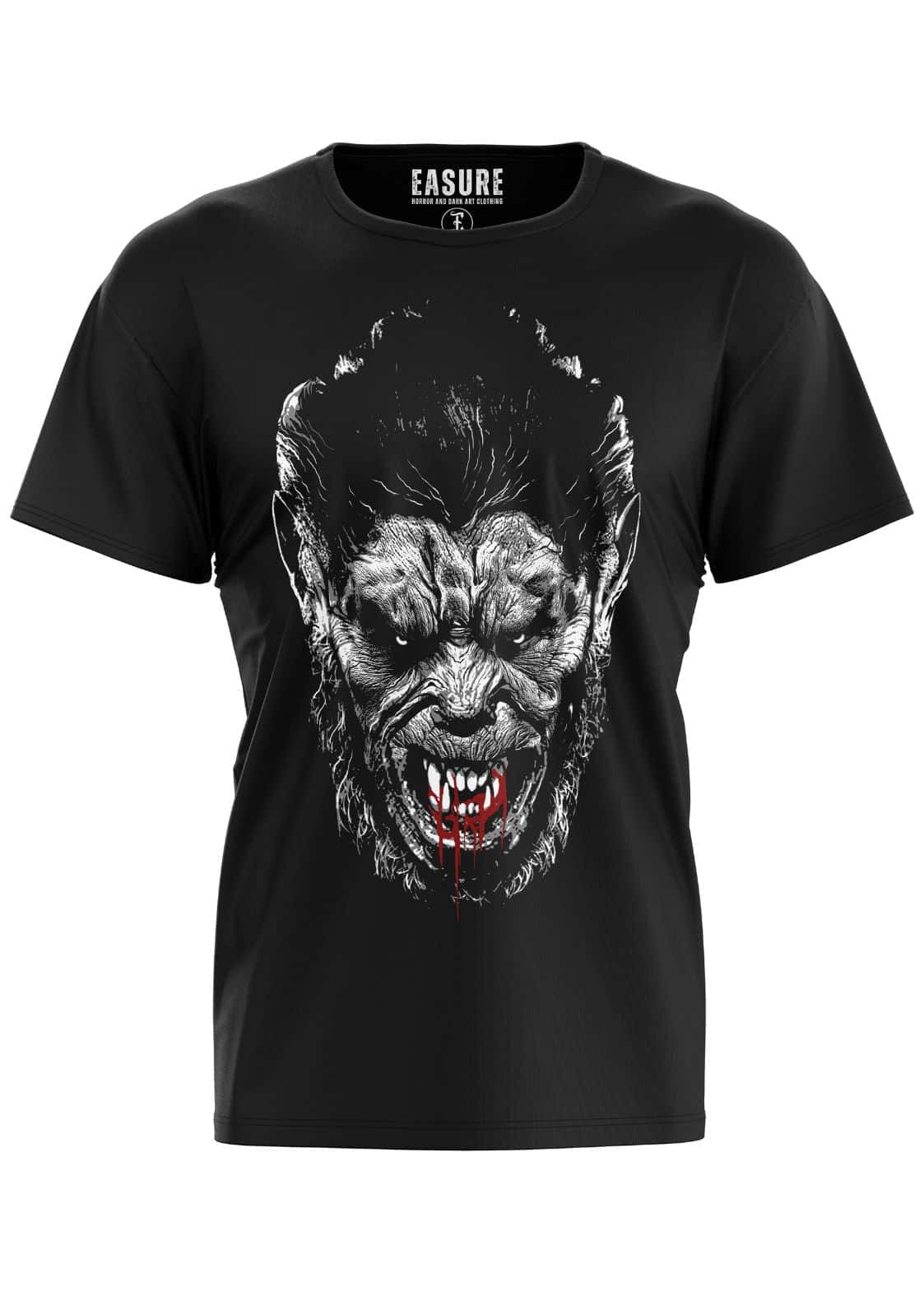Schwarzes kurzarmshirt mit detaillierter gothic horror grafik eines knurrenden werwolfs und roten blutakzenten