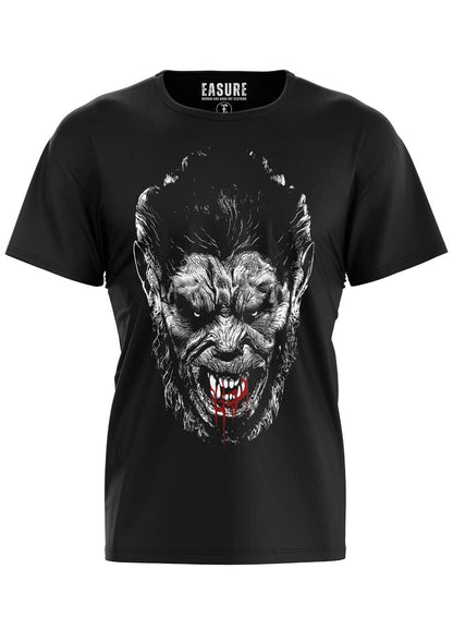 Schwarzes kurzarmshirt mit detaillierter gothic horror grafik eines knurrenden werwolfs und roten blutakzenten