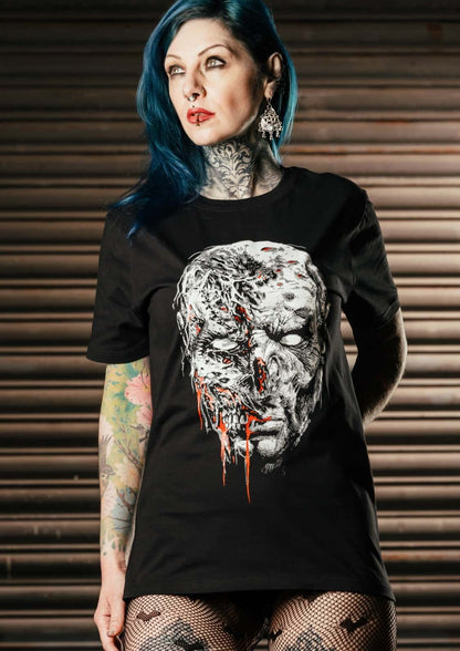 Schwarzes immortal zombie shirt mit detailliertem zombie-kopf grafik und blut tropfen gothic horror design