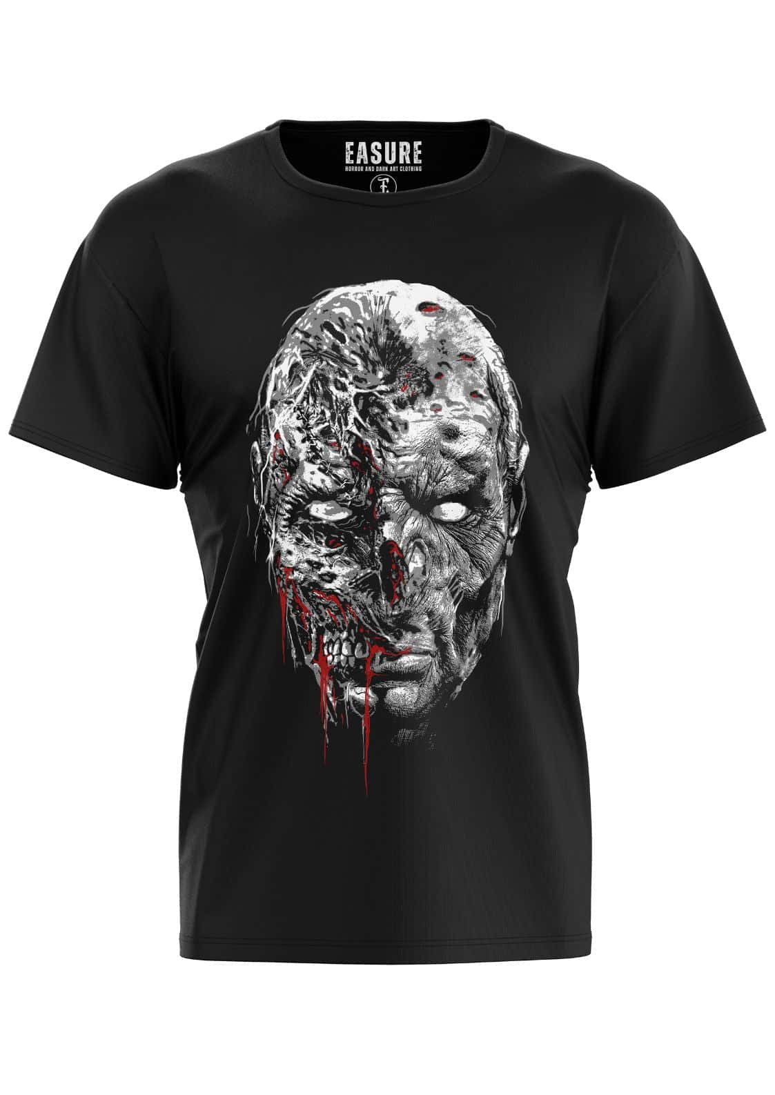 Schwarzes kurzarmshirt immortal zombie mit detailliertem gothic horror grafikdruck eines blutenden zombiekopfs in grau und rot