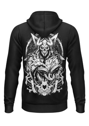 Schwarzer Gothic-Hoodie INCANATION mit weißem Skelett-Motiv und Okkultsymbolen