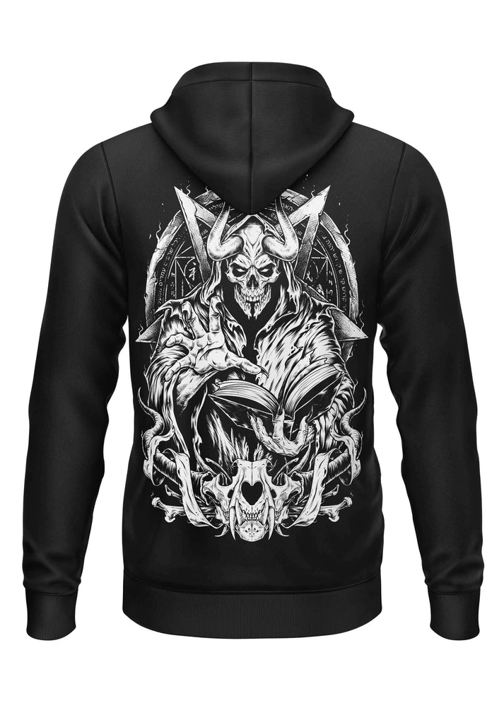 Schwarzes bitte gothic hoodie mit weißem horror rückendruck eines skelettwesens mit hörnern und symbolen
