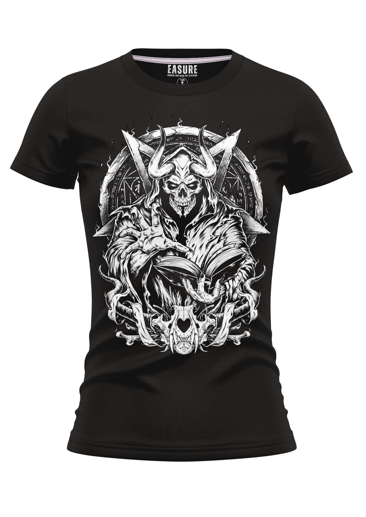 Schwarzes damen gothic t shirt mit detaillierter weißer grafik eines gehornte skelettfigurs und offenes buch, easure marke