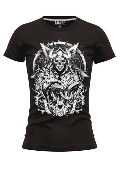 Schwarzes damen gothic t shirt mit detaillierter weißer grafik eines gehornte skelettfigurs und offenes buch, easure marke