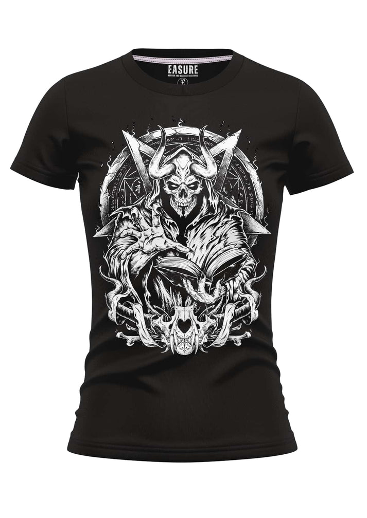 Schwarzes damen gothic t shirt mit detaillierter weißer grafik eines gehornte skelettfigurs und offenes buch, easure marke