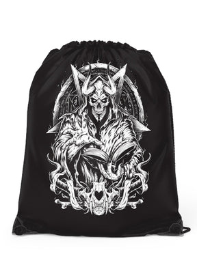 Schwarze Incanation Gym Bag mit weißem Dämonenmotiv und Hörnern