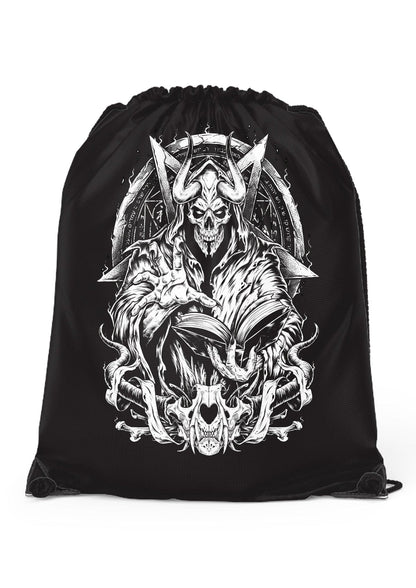 Schwarze Incanation Gym Bag mit weißem Dämonenmotiv und Hörnern