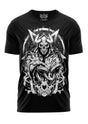 Schwarzes T-Shirt mit weißem Totenkopf-Design mit Hörnern und Pentagramm.