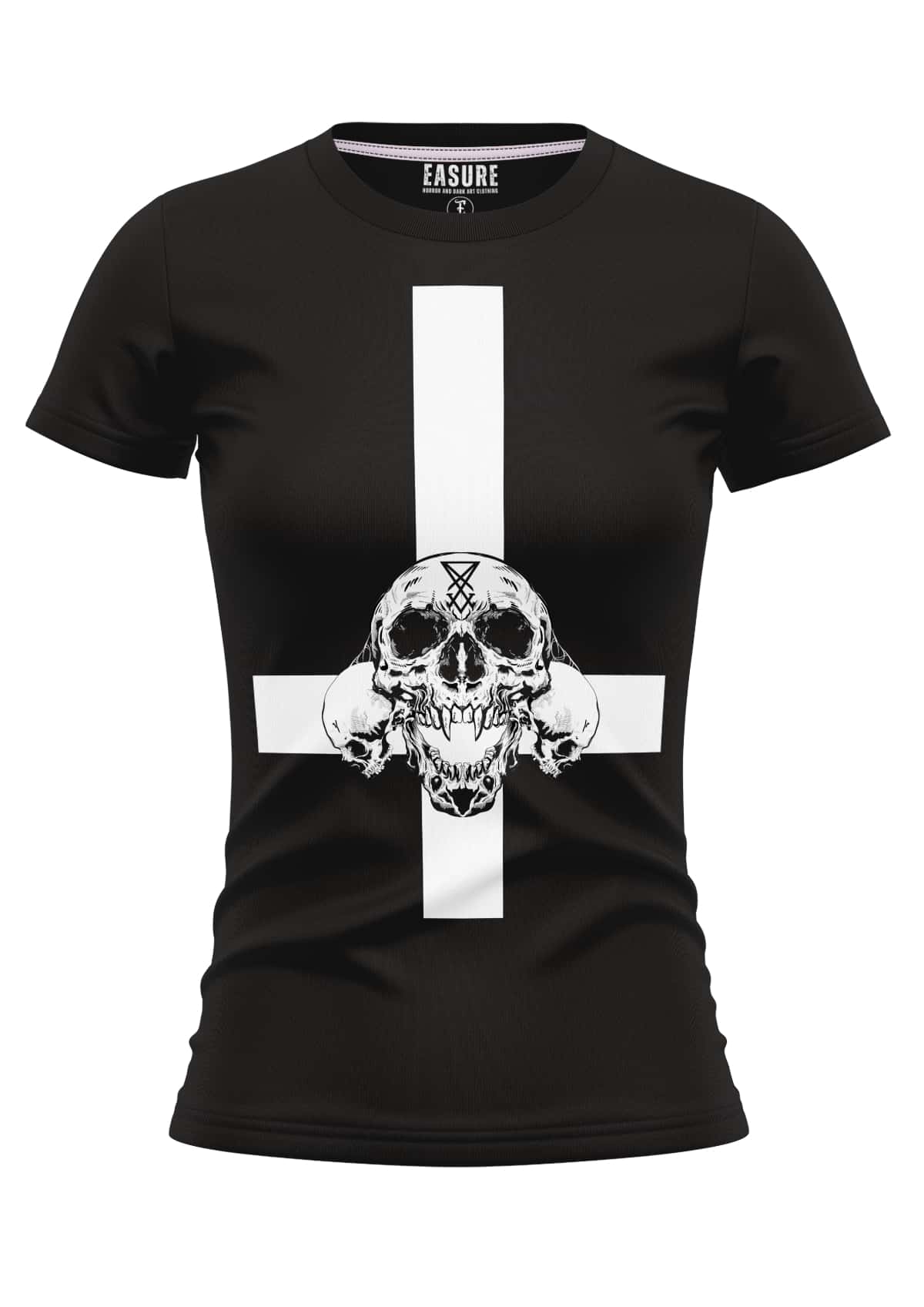 Schwarzes t-shirt mit gothic-inspiriertem weißen invertiertem kreuz und detailliertem schädel für horror fans