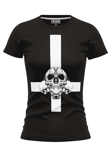 Schwarzes t-shirt mit gothic-inspiriertem weißen invertiertem kreuz und detailliertem schädel für horror fans