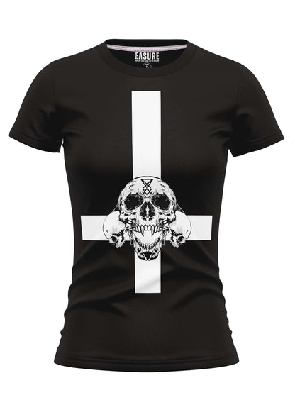 Schwarzes t-shirt mit gothic-inspiriertem weißen invertiertem kreuz und detailliertem schädel für horror fans