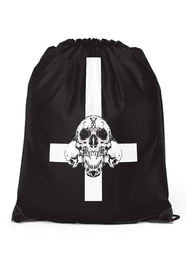 Schwarze inverted cross-sporttasche mit weißem invertiertem kreuz und detailliertem schädel im gothic-stil