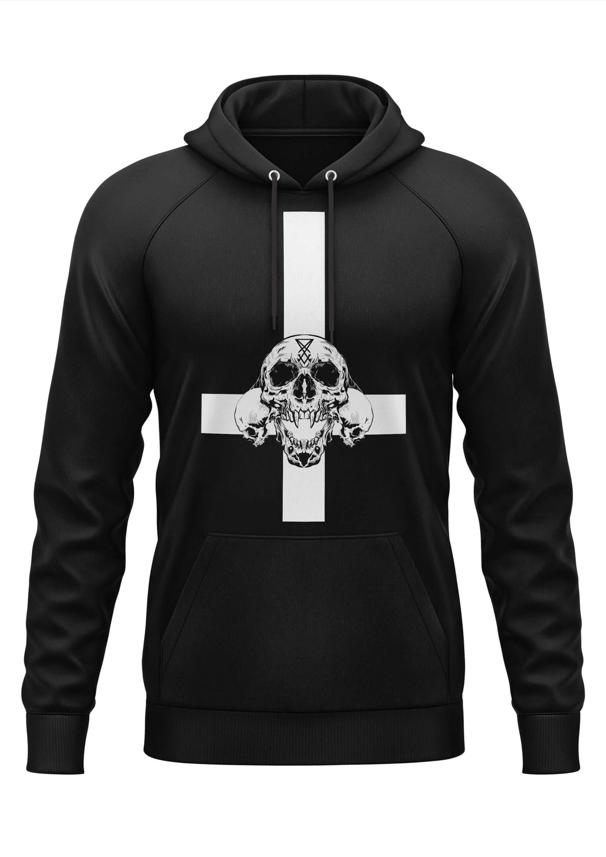 Schwarzer Hoodie mit weißem Kreuz- und Schädel-Design, wahrscheinlich aus Baumwolle oder Polyester-Mischung.