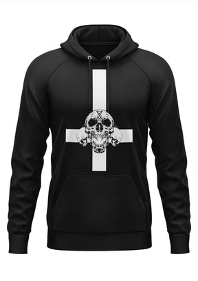 Schwarzer Hoodie mit weißem Kreuz- und Schädel-Design, wahrscheinlich aus Baumwolle oder Polyester-Mischung.