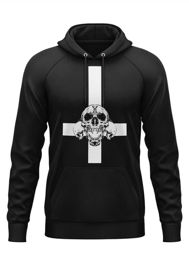 Schwerer unisex hoodie mit weißem invertiertem kreuz und schädeldesign aus langlebigem digitaldruck in schwarz