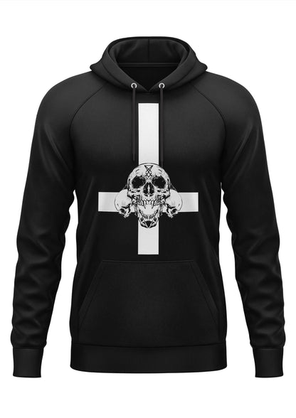 Schwarzer Hoodie mit weißem Kreuz- und Schädel-Design, wahrscheinlich aus Baumwolle oder Polyester-Mischung.