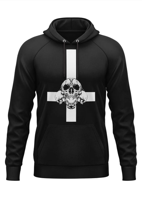 Schwarzer Hoodie mit weißem Kreuz- und Schädel-Design, wahrscheinlich aus Baumwolle oder Polyester-Mischung.