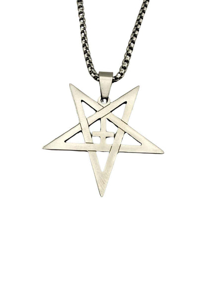 Silberne kreuz pentagramm halskette mit umgekehrtes kreuz pentagramm anhänger und passender boxkette für dunkle mode