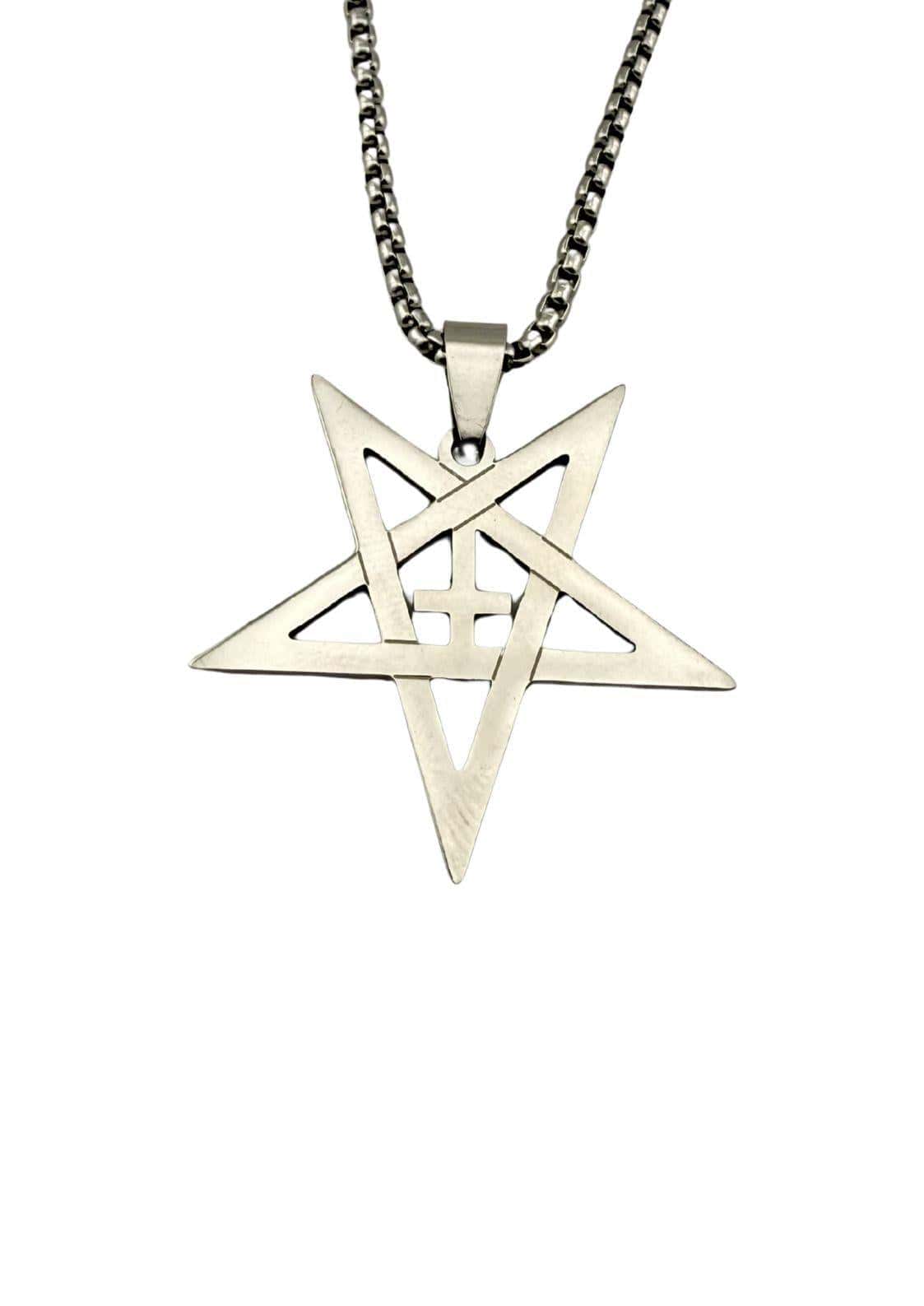 Silberne halskette mit inverted cross pentagram anhänger und passender boxkette aus metall