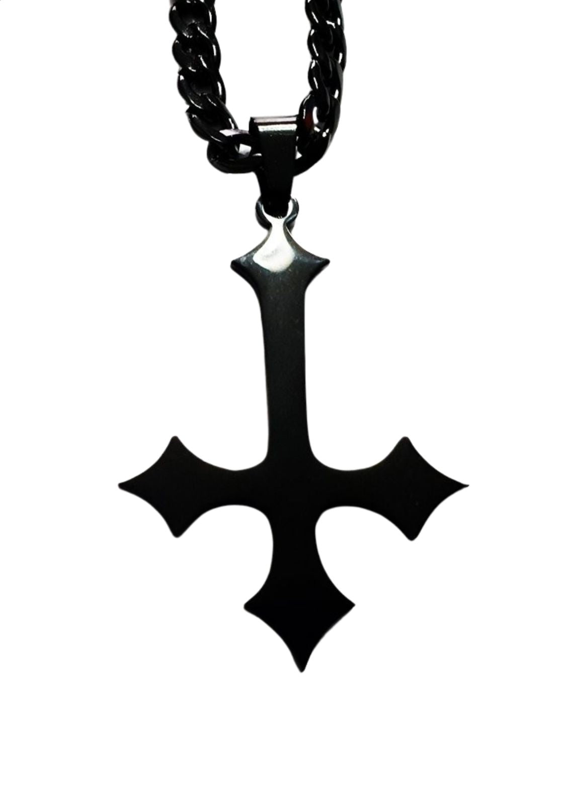 Schwarze Halskette mit umgedrehtem Kreuz.