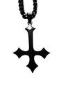 Schwarze Halskette mit umgedrehtem Kreuz.