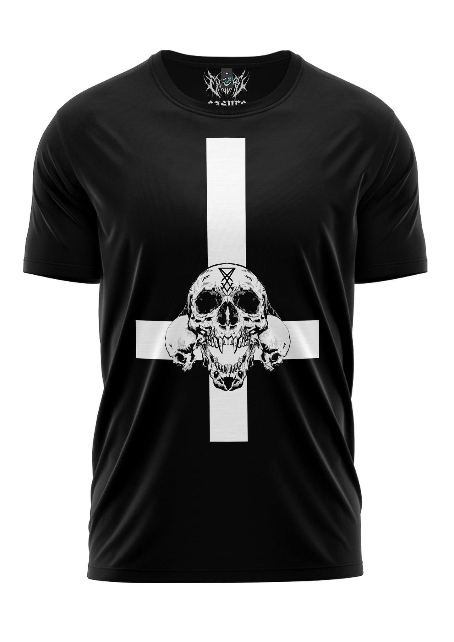 Schwarzes T-Shirt mit weißem Totenkopf- und Kreuzdesign, aus Baumwolle.