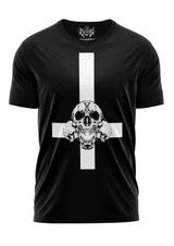 Schwarzes T-Shirt mit weißem Totenkopf- und Kreuzdesign, aus Baumwolle.