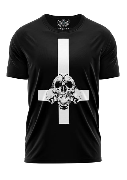 Schwarzes T-Shirt mit weißem Totenkopf- und Kreuzdesign, aus Baumwolle.