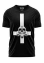 Schwarzes T-Shirt mit weißem Totenkopf- und Kreuzdesign, aus Baumwolle.