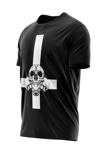 Schwarzes T-Shirt mit weißem Totenkopf- und Kreuz-Design, Baumwollmaterial.
