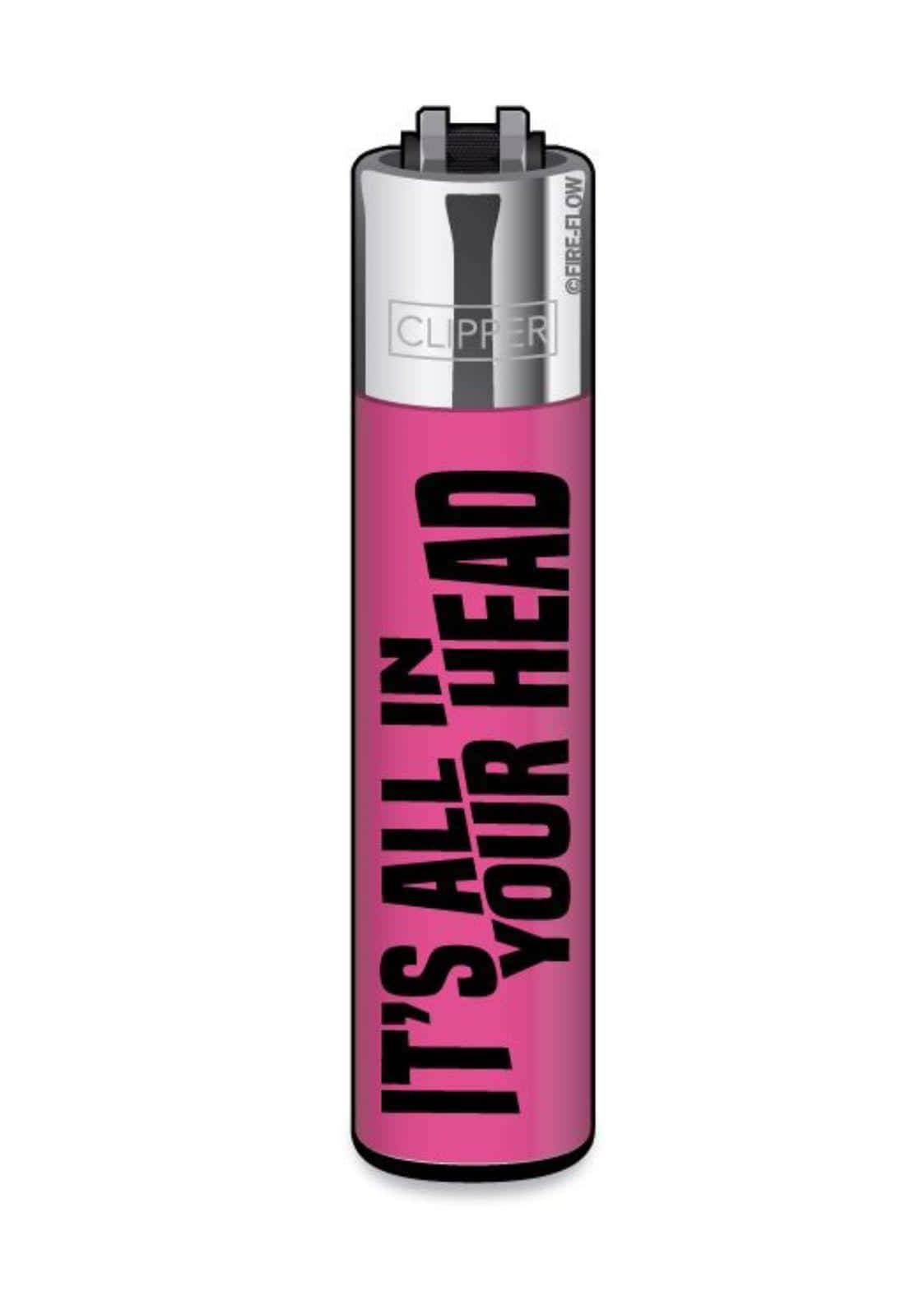 Ein pinkes wiederbefüllbares clipper feuerzeug mit schwarzem text es ist alles in deinem kopf ideal für gothic und horror styles