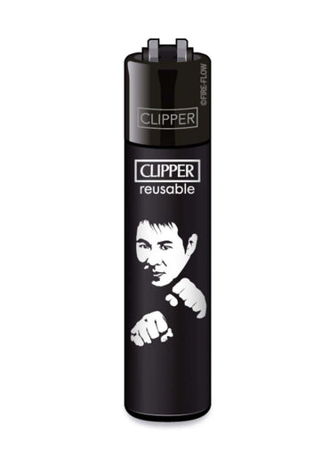Schwarzes wiederbefüllbares clipper feuerzeug mit weißem jet li boxing motiv ideal für gothic kleidung fans