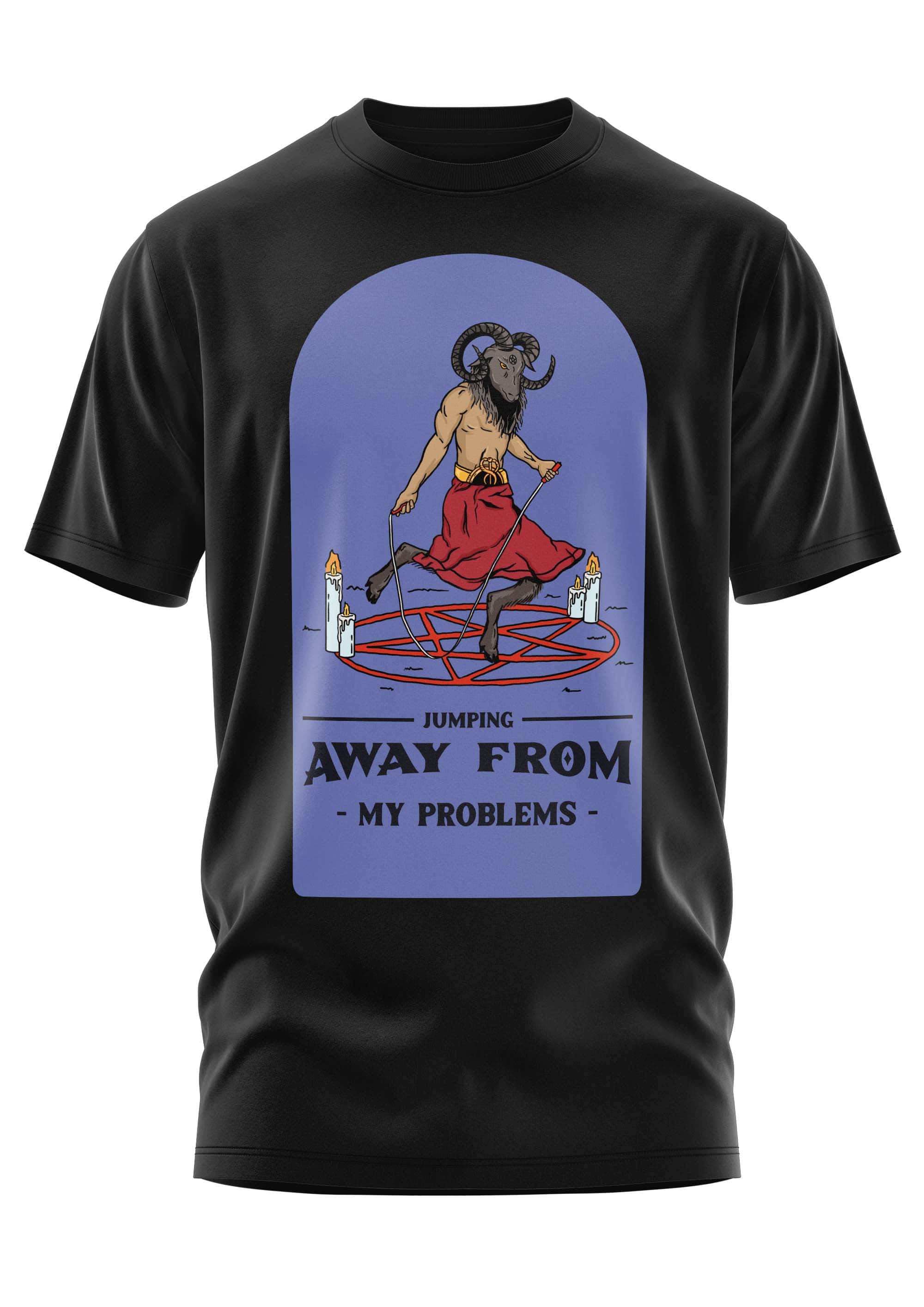 Schwarzes gothic t-shirt mit horror-motiv eines ziegenkopfigen figurs in roten roben, die über pentagramm springt