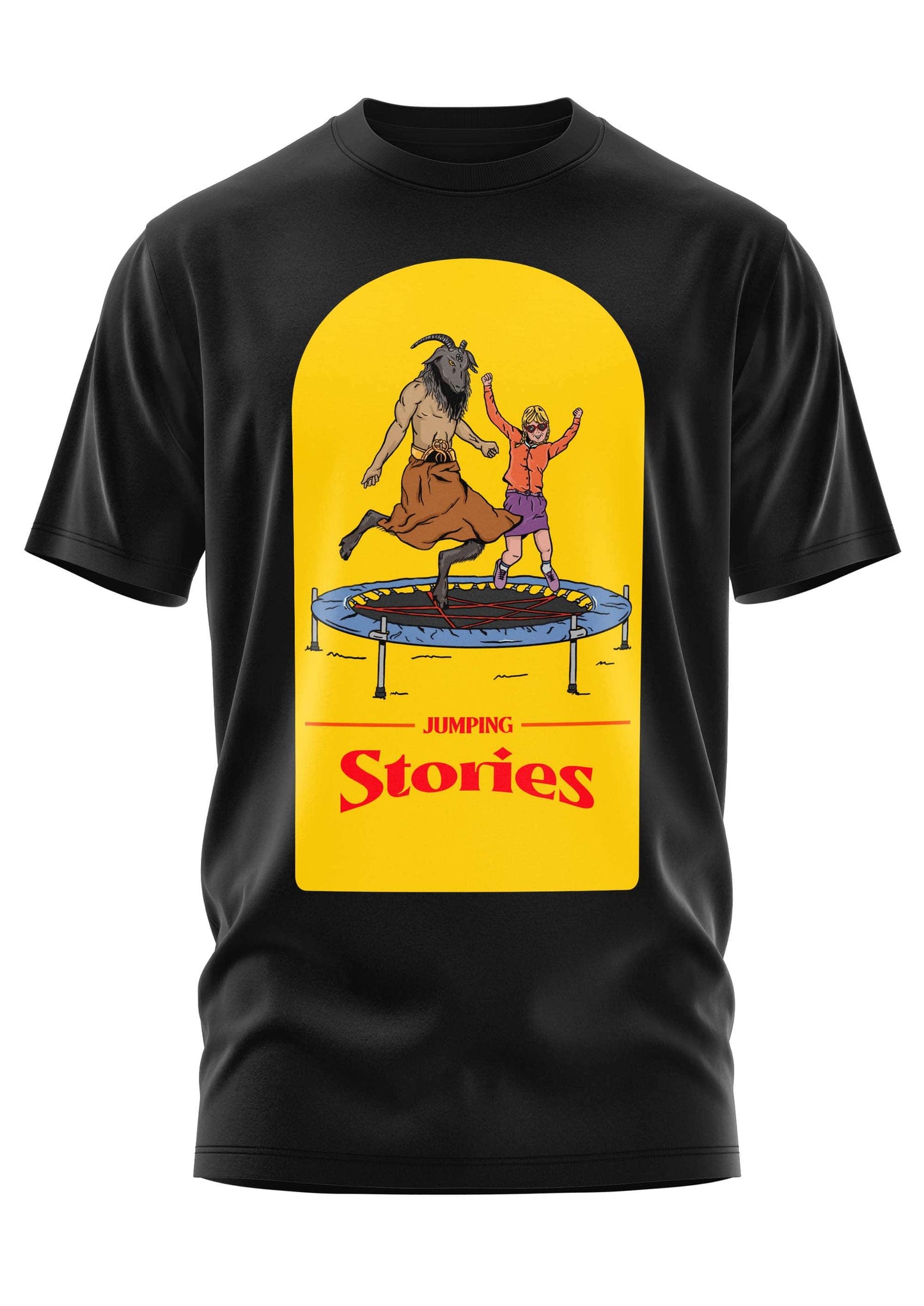 Schwarzes baumwollshirt jumping stories mit gelbem bogen und gothic horror illustration ziege und kind auf trampolin