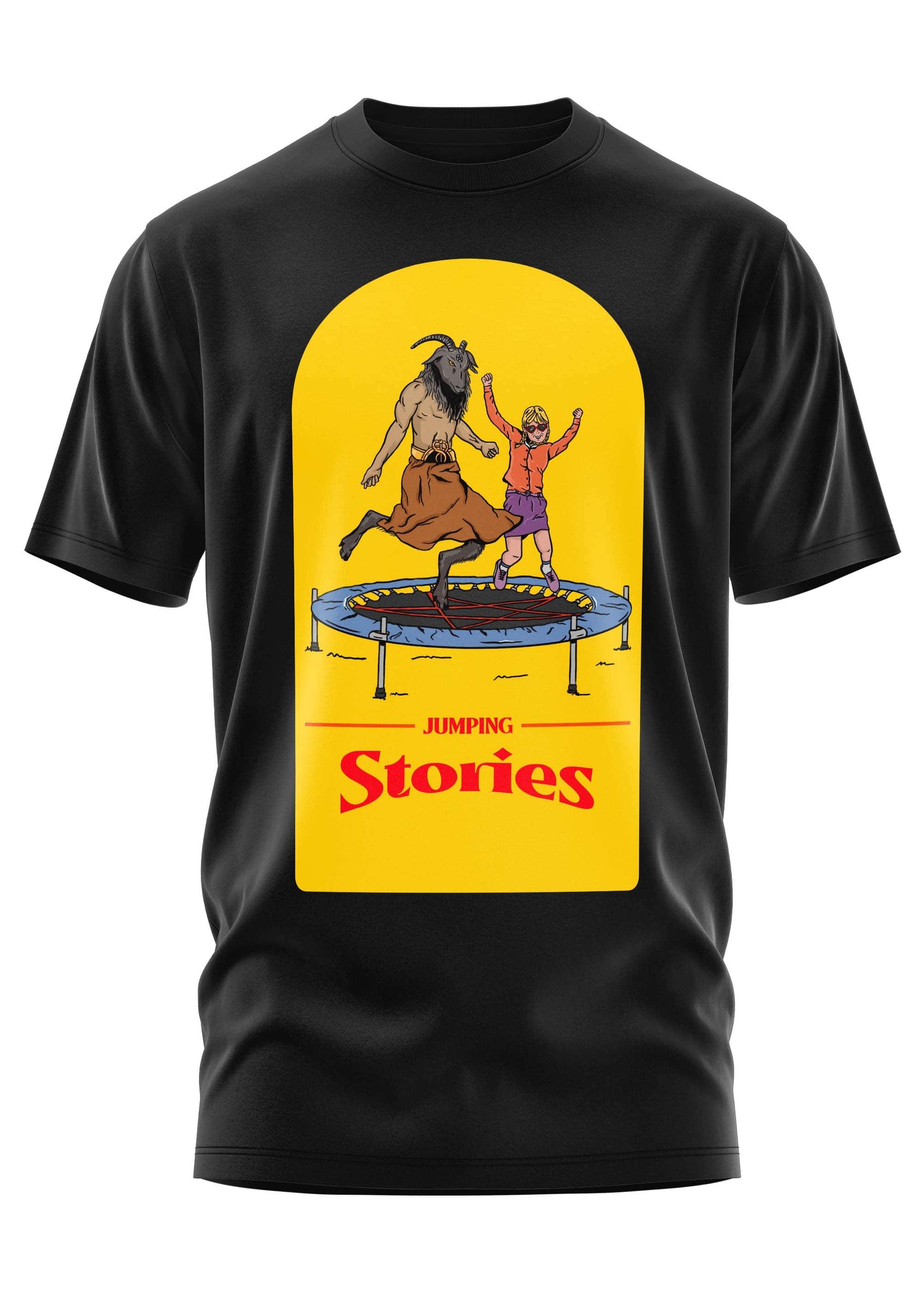 Schwarzes baumwollshirt jumping stories mit gelbem bogen und gothic horror illustration ziege und kind auf trampolin
