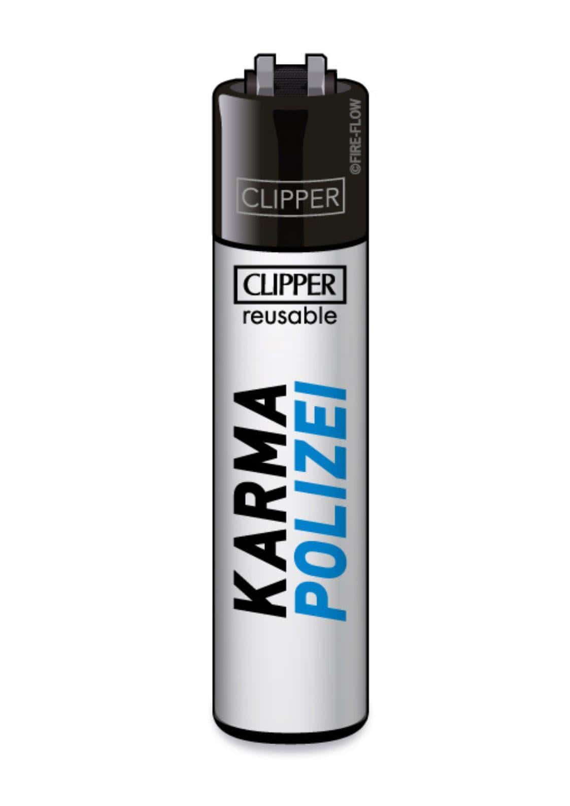 Silber schwarzes clipper feuerzeug nachfüllbar mit karma polizei branding in blau und schwarz love club design