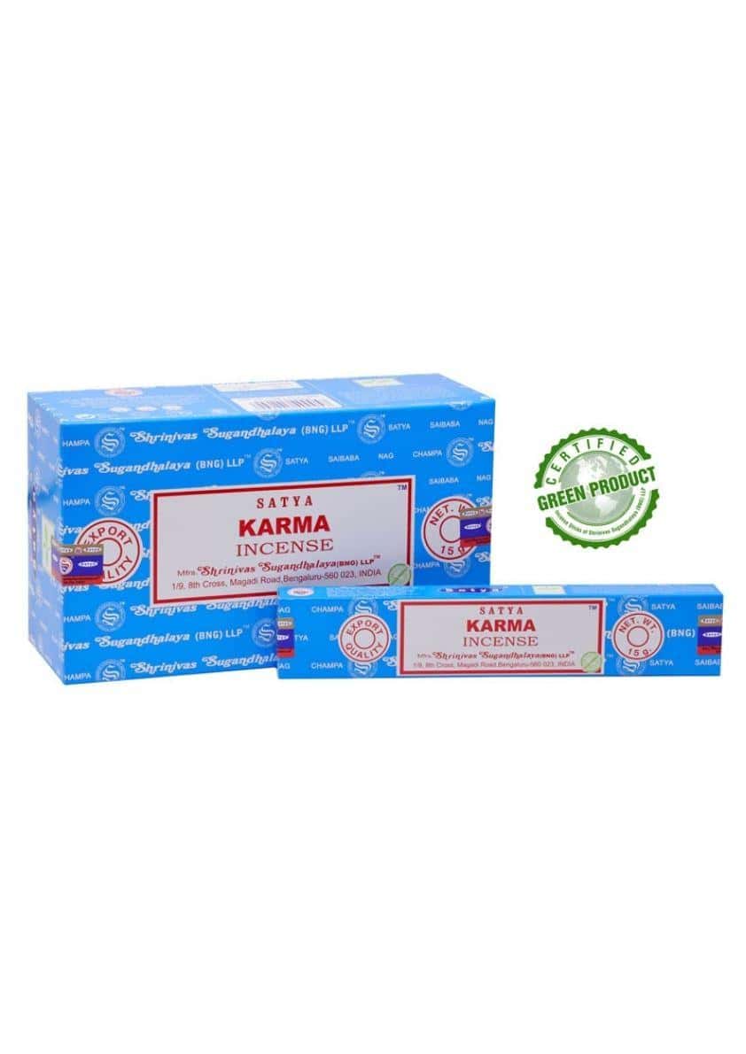 Karma satya räucherstäbchen in blau weißer verpackung mit roter schrift ideal für gothic und dark fashion ambiente