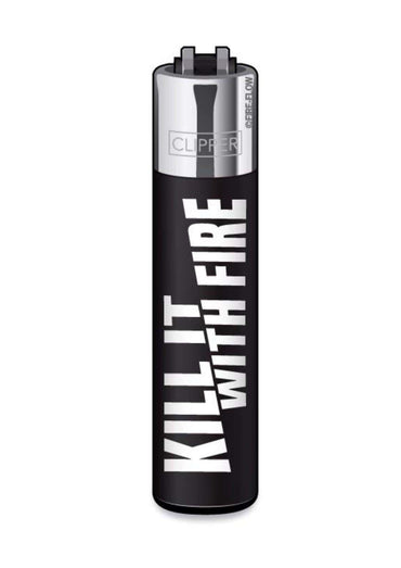 Schwarzes nachfüllbares clipper feuerzeug kill it with fire mit silberner kopfkappe für gothic kleidung und horror fans