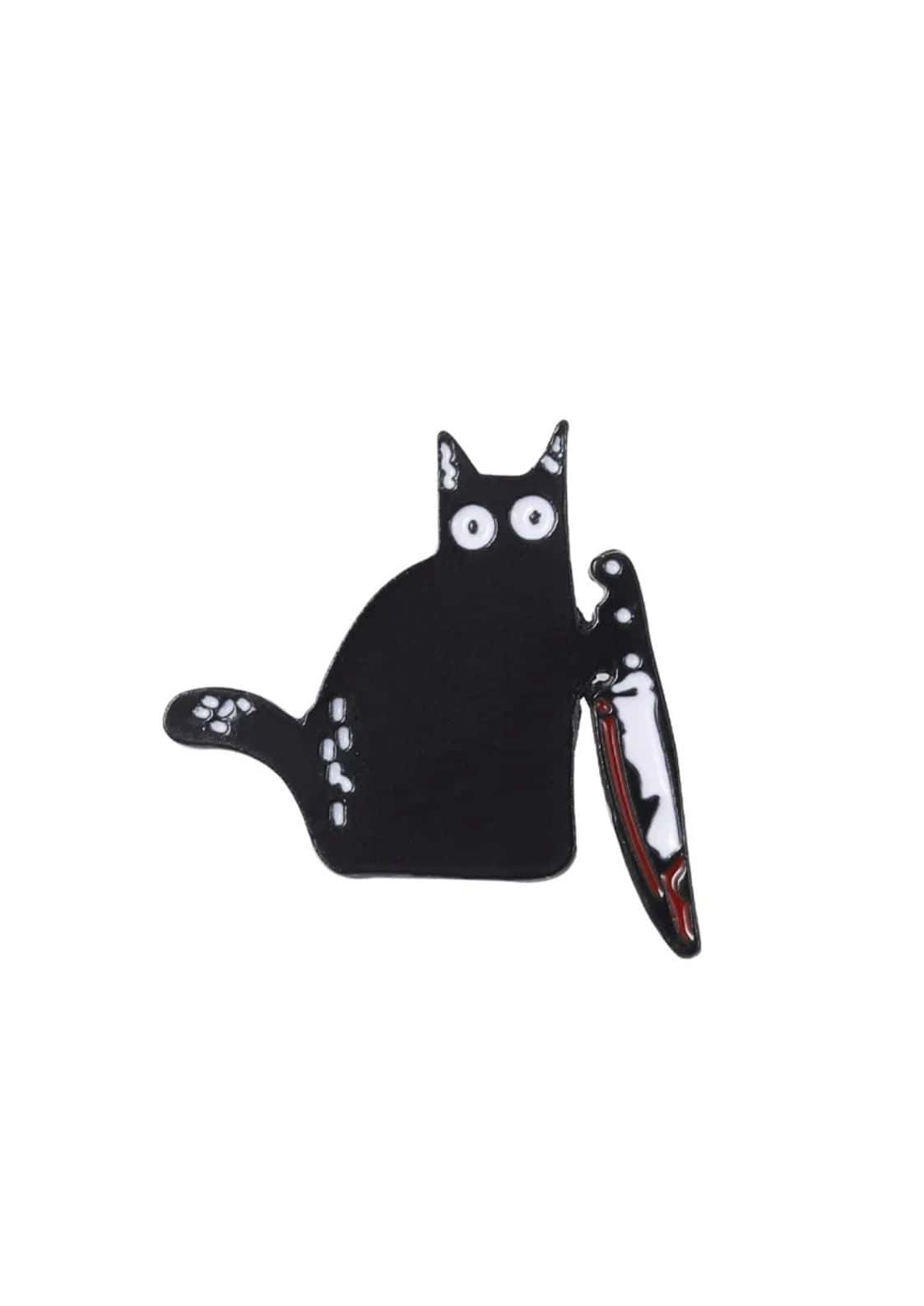 Schwarze Katze mit einem blutigen Messer.