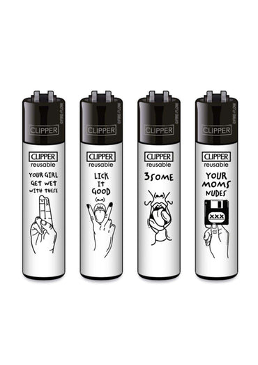 Set aus vier silbernen clipper lighter mit schwarz-weißen humorvollen illustrationsmotiven im kinky #1 clipper lighter set