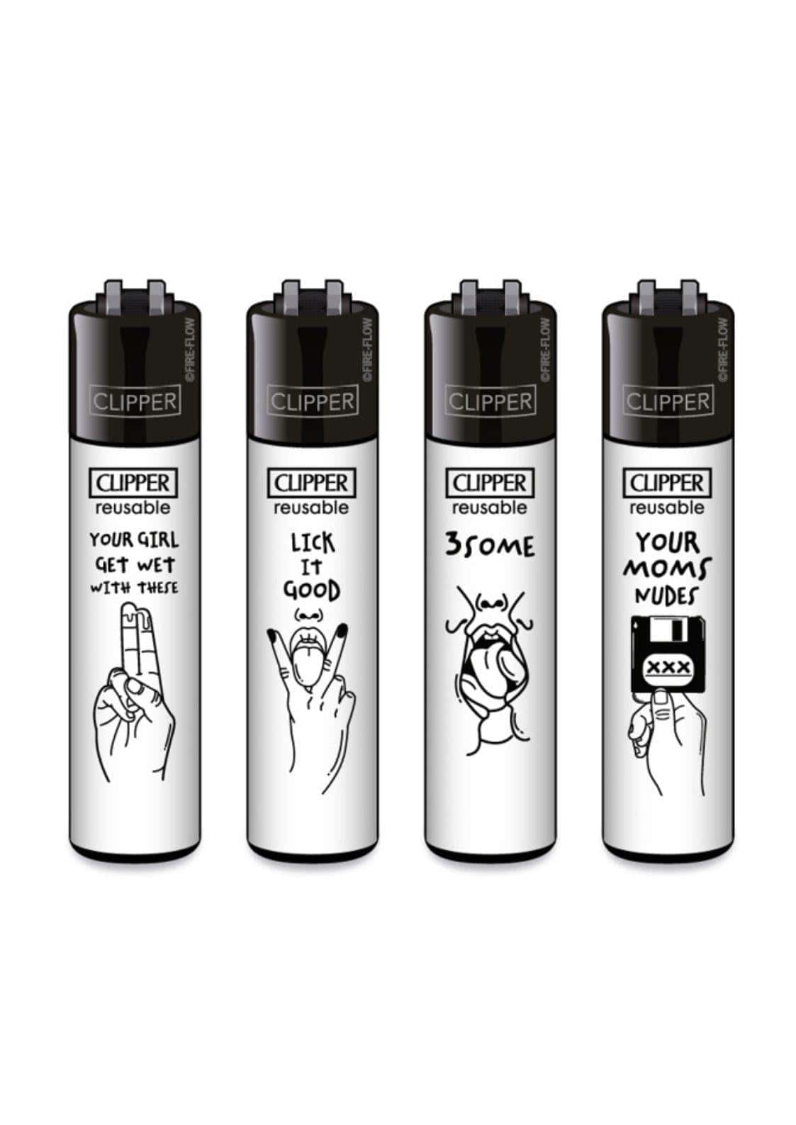 Set aus vier silbernen clipper lighter mit schwarz-weißen humorvollen illustrationsmotiven im kinky #1 clipper lighter set