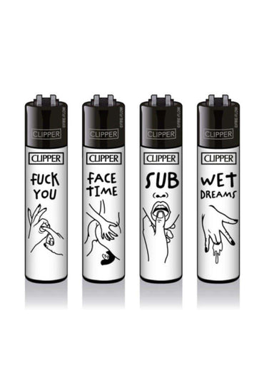 Four black and white hand-drawn clipper lighters with bold text in kinky #2 clipper lighter set