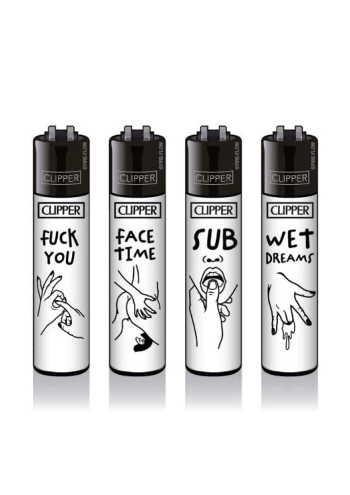 Four black and white hand-drawn clipper lighters with bold text in kinky #2 clipper lighter set