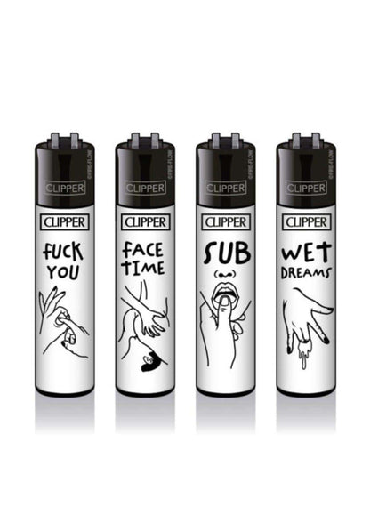 Four black and white hand-drawn clipper lighters with bold text in kinky #2 clipper lighter set