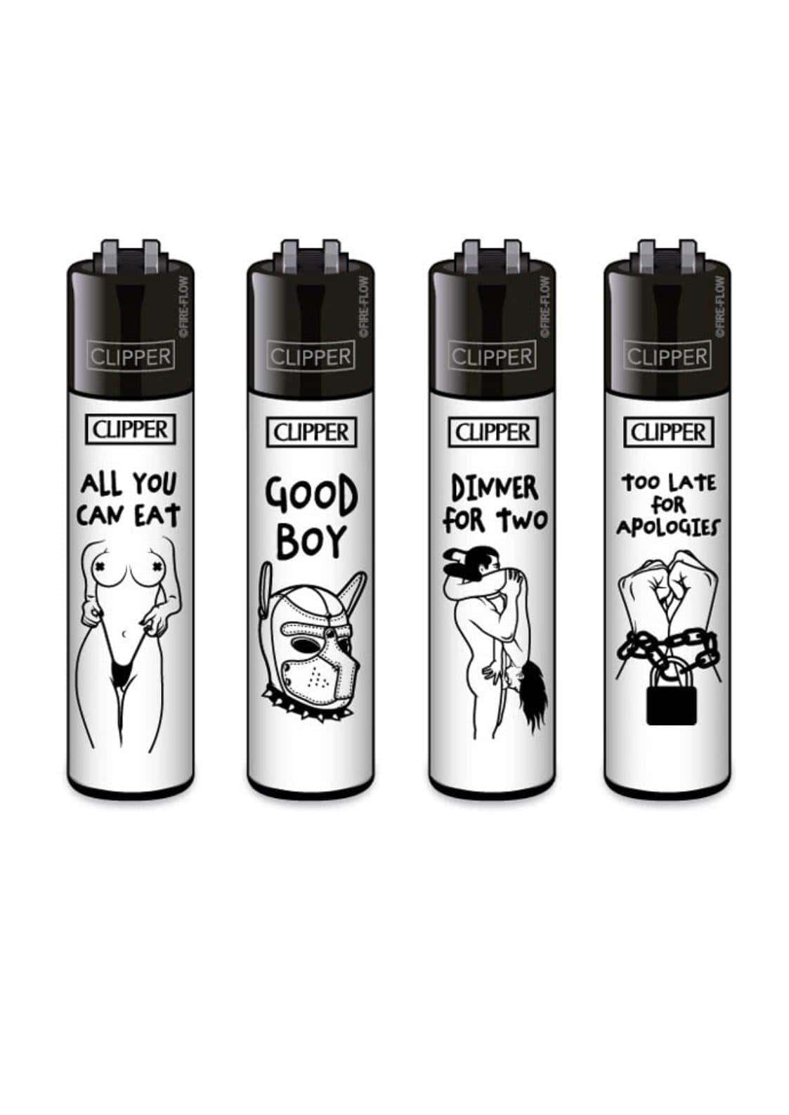 Vier weiße clipper lighters mit schwarz-weiß grafik im kinky #3 clipper lighter set