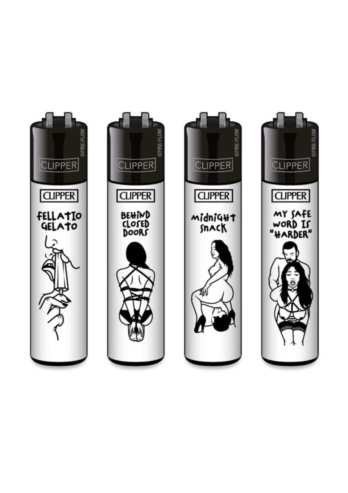 Vier schwarz weiße clipper lighters mit einzigartigen designs im kinky #4 clipper lighter set